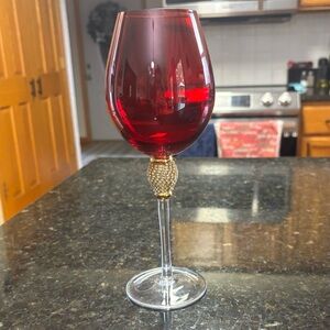 Elegant Red Wine Glass with Gold Accents & Rhinestones